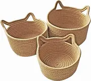 Small Woven Baskets | Mini Storage Bins | Cotton Rope Baby Nursery Organizers | Cute Round Cat Ears Basket for Organizing Desk Decor Kids Toy Dog Cat Baby Girls Gifts-Set of 3 (Beige)