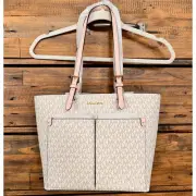 MICHAEL KORS Jet Set Travel Medium Double Pocket Tote in Powdered Blush Monogram