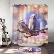 Cool White Cat Riding a Dragon Lizard in Space Shower Curtain