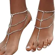 [Riymusry] 1Pair Summer Beach Rhinestone Barefoot Sandals Foot Chain with Toe Ring Boho Crystal Anklets Bracelet Wedding Bridal Rhinestone Anklet Foot Chain Jewelry for Women