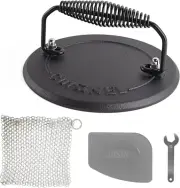Grill Press + Chainmail Scrubber + Scraper - Cast Iron Burger, Bacon, Steak, Ham