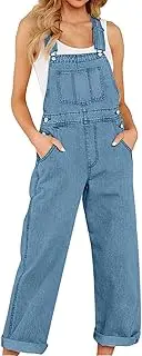 [bawilom] Overalls Baggy Stretchy Denim Jumpsuit for Women Sleeveless Oversized Casual Wide Leg Straight Jean Romper Pocket