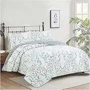 3 Piece Reversible Vine Quilt Set Queen King Soft Summer White Cotton Lightweight Floral Coverlet Bedspread for All Season (1 Quilt,2 Pillowcases) (Color : Greay, Size : 250x270cm-50x70cm x2)
