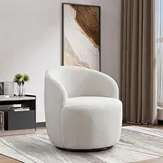 Wrofly Swivel Barrel Chair, Modern Comfy Boucle Swivel Accent Chair, Comfy Sherpa Round Armchair, Small Upholstered Reading Lounge Chair for Living Room Bedroom Office Club, White Teddy