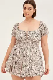Animal Print Shirred Playsuit Short Sleeve Rayon