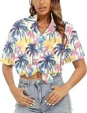 [Generic] Women's Short Sleeve T Shirt, Comfy Button Down T-Shirt,Soft Beach Summer Tops Blouses, Retro Daydream Palms-16