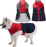 Windproof Dog Coats for Small Medium Large Dogs, Winter Warm Dog Jacket, Adjustable Thicken Dog Snowsuit with Reflective Strips, Waterproof Pet Harness Vest, Dog Clothes (Blue+Red, XL)