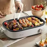 Bear Electric Smokeless Indoor Griddle, 1200W Fast Heat BBQ Grill, Nonstick Cooking Plate, Knob Temperature Control, Detachable Baking Tray Dishwasher Safe, Cool-Touch Handles (Light Grey)