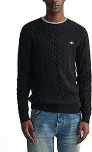 [GANT] Men's Cotton Cable C-Neck Sweater, Black, 5XL