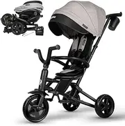 QPlay 6 in 1 Folding Baby Tricycle, 10-72 Month Kids Stroller Trike for Boys Girls Gift, with Adjustable Push Handle, Removable Canopy, Safety Harness (Grey)
