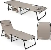 Costway Folding Convertible Camping Lounger w/Face Hole & Pillows & Storage Pocket, 5-Position Adjustable Backrest, Portable Camping Cot Bed Recliner for Beach, Camping, Patio (Beige)