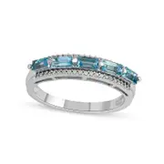 Sideways Baguette Swiss Blue Topaz and 0.13 CT. T.W. Natural Diamond Border Five Stone Triple Row Ring in Solid 10K White Gold