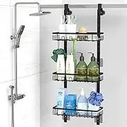 Over the Door Shower Caddy with 36 Hooks, Hanging Shower Organizer with Adjustable Door Hooks and Rack, Rust Proof Shower Shelves Drill Free, Black
