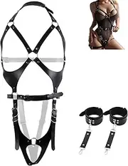 [uinnossvc] Women's Bondage Underwear Set, Punk Leather Adjustable Erotic Lingerie Garter Belts Outfit with Unique Metal Rivets Design, Black, Black, One Size
