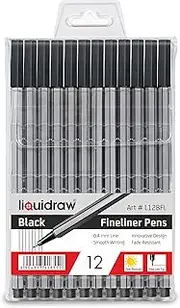 Liquidraw Black Fineliner Pens - 12 Set | Fine Point 0.4 mm Tip | Storage Wallet | Black Coloured Pens For Artists, Handwriting, Drawing, Calligraphy, Sketching | Ergonomic Design | Fade Resistant Ink