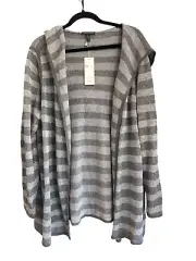 Eileen Fisher Hooded A-Line Cardigan 2X Gray Stripe Organic Linen Open Front NWT
