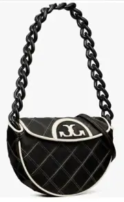 NWT TORY BURCH $498 MINI FLEMING SOFT CRESCENT CROSSBODY BAG IN BLACK AND CREAM