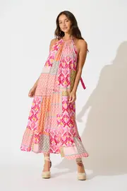 Lioni Midi Sundress Sleeveless in multicolor Pink Multi Patchwork S
