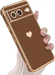 KANGHAR Compatible with Google Pixel 8 5G Case for Women Girl, Plating Edge Cute Love Heart Soft TPU Bumper with 4 Corners Shockproof Protection Phone Case Cover for Pixel 8 Pro 5G(Brown)