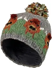 [Pachamama] Women Wool Bobble Beanie Hat Handknitted Highland Cow Design Multicoloured One Size Handmade Extra Warm Fair Trade, Multicoloured, One Size