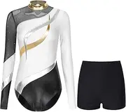 [Miutii] Gymnastics Leotard for Women Long Sleeve Ballet Dance Bodysuit Sportswear Sparkly Rhinestone Top with Shorts
