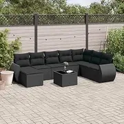 9 Piece Black Poly Rattan Garden Sofa Set with Cushions | Patio Furniture, Outdoor Bench & Table for Deck, Porch and Garden | Waterproof, UV-Resistant