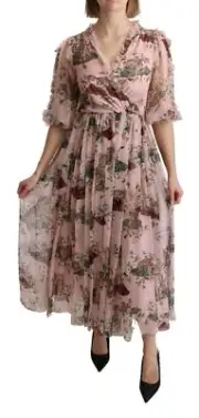 Dolce&Gabbana Women Pink Dress 100% Silk Bengal Cat Print Zip A-line Maxi Gown