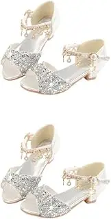 [Generic] 2 Set of Girls Glitter Shoes Children Sequins Ballet Party Peep Toe Shoe Christmas Sandals Stage Costume Accessories Silver, Silver 30/19.5cm, 2Set