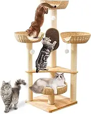 Large Cat Tree Wood - Modern Multi-Cat Tower with Scratching Posts & Handwoven Condo | Sturdy Cat Furniture for Indoor Cats, Modern Cat House Supplies