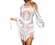 Womens Cover Up Crochet Hollow Out Tassel Swimsuit - White