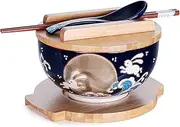 Happy Sales, Japanese Kamameshi Vintage Style Rice Noodle Ramen Bowl with Bamboo Lid Trivet Chopsticks and Porcelain Spoon Bowl Set (BlueRabbitMoon)