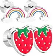 [SAFIGLE] 2 Pairs Boys and Girls Hoop Earrings for Girls Hypoallergenic Flat Back Earrings Strawberry Rainbow Jewelry Set