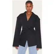 Black Tailored Cinched Waist Blazer, Black