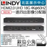 數位小兔【 LINDY 林帝 38236 HDMI2.0 UHD 18G 4K@60HZ 一進四出 影像分配器 】公司貨