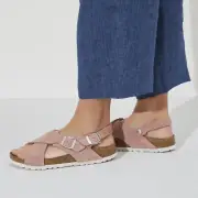 BIRKENSTOCK TULUM SFB PINK CLAY SUEDE LEATHER MEDIUM/NARROW WIDTH CROSSED STRAPS