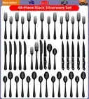 48-Piece Black Silverware Set Mirror Polished Flatware Set for 8 Stainless Steel