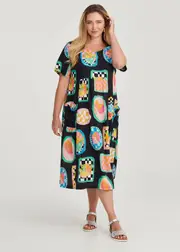 [Virtuelle] Taking Shape Natural Pocket Midi Dress Size 16 in Fruit Print, Viscose - Plus Size Women's Dresses Fruit Print