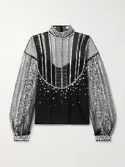 [Zuhair Murad] Zuhair Murad - Embellished Pintucked Tulle Turtleneck Blouse - Black - FR 36 FR 36 Black