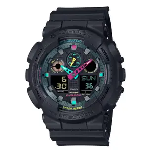 CASIO 卡西歐(GA-100MF-1A)G-SHOCK 酷炫霧面黑 螢光色點綴 大錶殼雙顯錶
