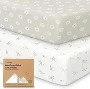 2-Pack Mini Cot Sheets Fitted - Bamboo Baby Cot Sheets Fitted for Pack N Play Mattress 97x66cm, Soft & Cozy, Neutral Toddler Playard Bedding, Snug Mini Baby Crib Mattress Cover Boy, Girl (Meadow)