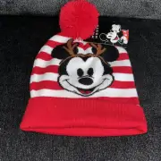 Disney Mickey Mouse With Antlers Christmas Beanie Hat OSFM Red & White Striped