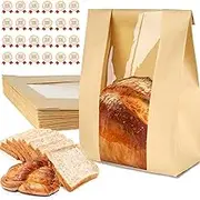 FUNNTY 50PCS Paper Bread Bags with Handmade Stickers, Large Kraft Homemade Bread Sourdough Bags with Clear Window Baked Food Packaging Storage (35x 21 x 10 cm)