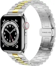 [Wolait] Stainless Steel Band Compatible with Apple Watch 42mm(Series 10) 41mm 40mm 38mm,Upgraded Business Metal Replacement Bands for iWatch Series 10/9/8/7/ 6/5/4/3/SE -Silver/Gold