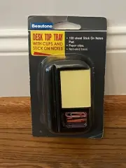 Vintage Beautone Desk Top Mini Tray W/ Paper Clips & Sticky Notes New Sealed NOS