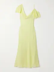 [Self-Portrait] Self-Portrait - Asymmetric Ruffled Draped Georgette Midi Dress - Yellow - UK 16 UK 16 Yellow