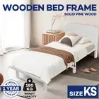 Wood Bed Frame King Single Pine Wooden Base Platform Bed Square Bedhead White