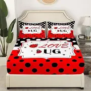 Ladybug Bedding Set Twin Size Red and Black Bed Set for Girls Teens Bedroom Decor Kids Geometric Wave Point Fitted Sheet Soft Microfiber Cute Ladybug Bed Cover(1 Fitted Sheet+1 Pillow Case)