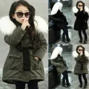 Baby Girls Army Green Fur Hooded Jacket Padded Long Coat Thick Jacket Parka