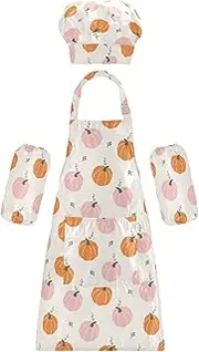AIXIWAWA Kids Apron Chef Hat Set, Child Kitchen Bib Aprons Adjustable for Cooking Baking Painting (Orange Pumpkin)