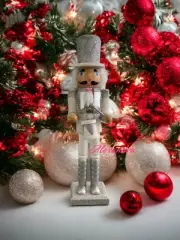 15” White & Silver Glitter Drummer Wooden Nutcracker Christmas Decor New